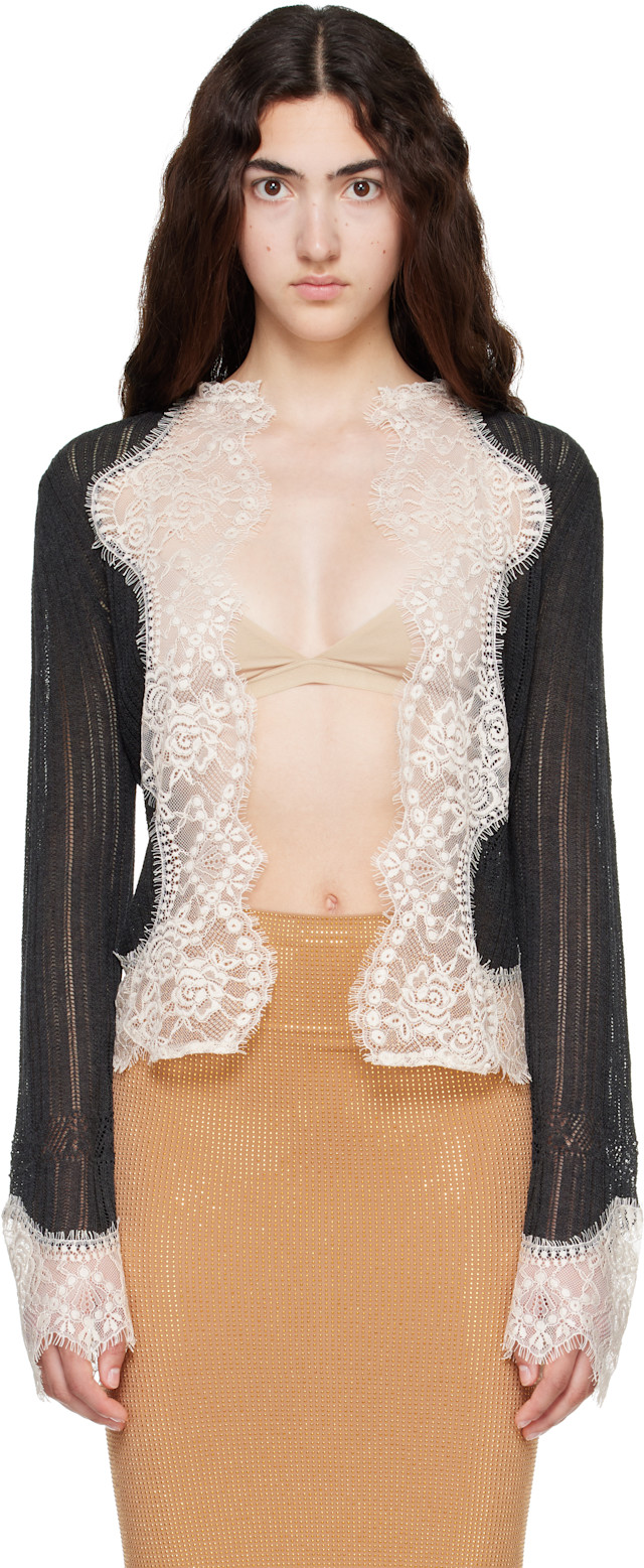 Anna Sui: ブラック＆オフホワイト Lingerie レース ニット