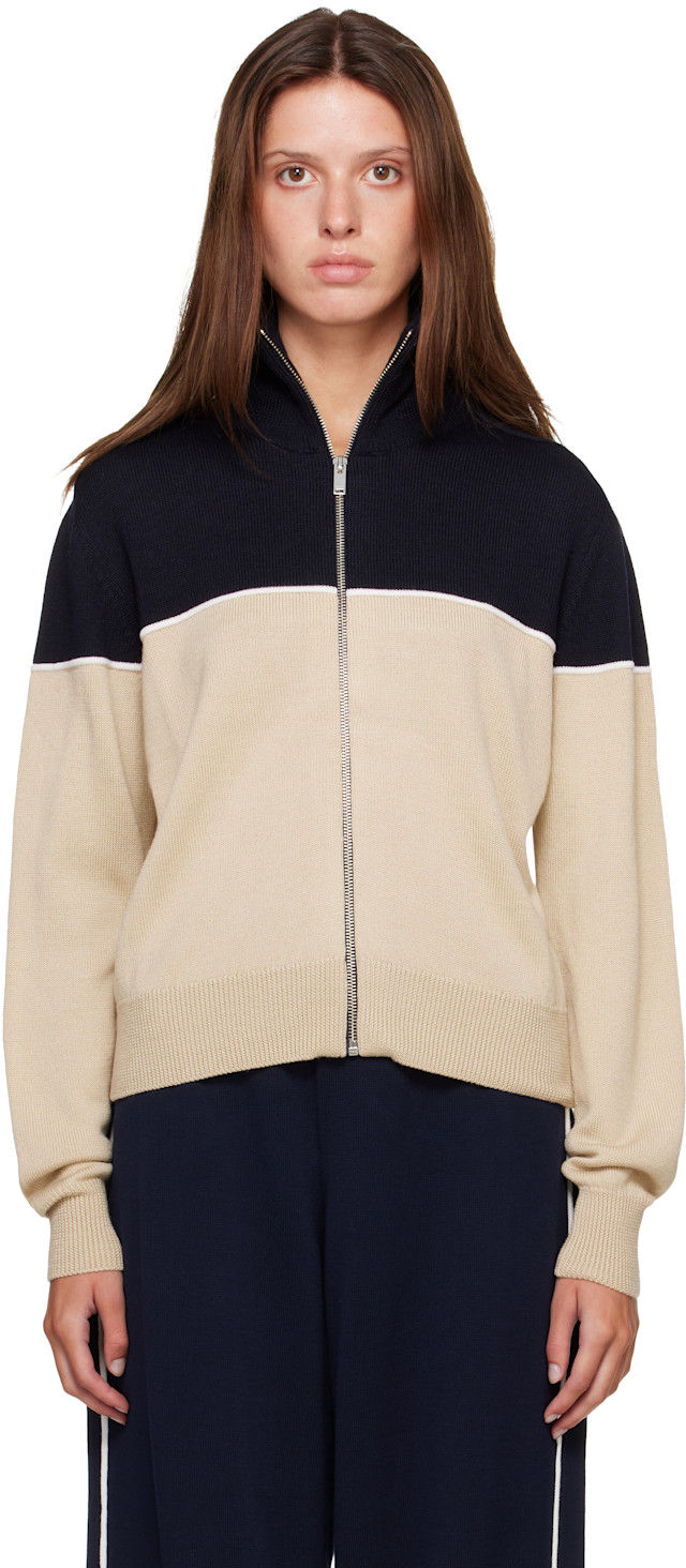 Cordera: Off-White & Navy Extrafine Merino Wool Sporty Cardigan