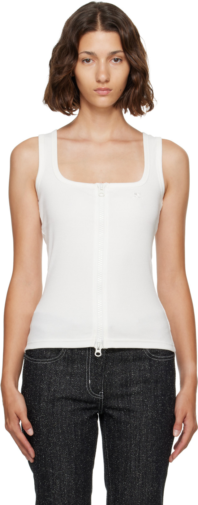 courrèges タンクトップ サイズ2 黒/白 Courrèges: White 90's Rib Zipped Tank Top | SSENSE