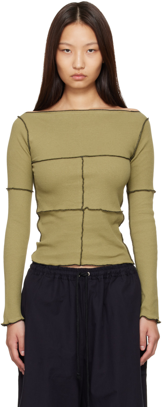 baserange　シルクトップス Baserange: Green Cinder Long Sleeve T-shirt | SSENSE