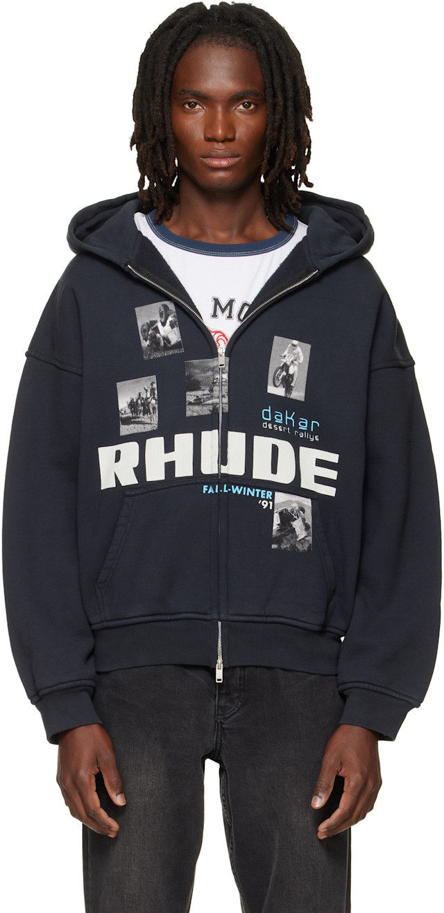 Rhude: Black 'Winter 91 Rallye' Zip-Up Hoodie | SSENSE Canada