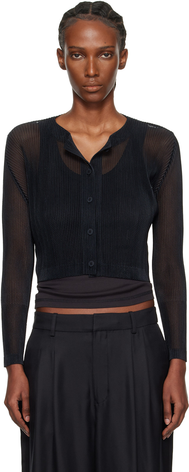 PLEATS PLEASE ISSEY MIYAKE: Black Tatami April Cardigan | SSENSE