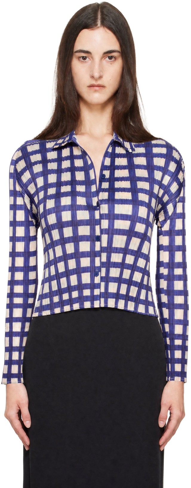 PLEATS PLEASE ISSEY MIYAKE: Navy & Beige Basket Shirt | SSENSE