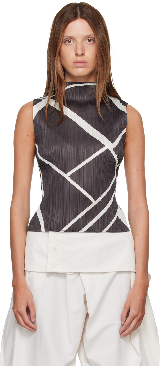 PLEATS PLEASE ISSEY MIYAKE: Gray & White Fold Line Top | SSENSE