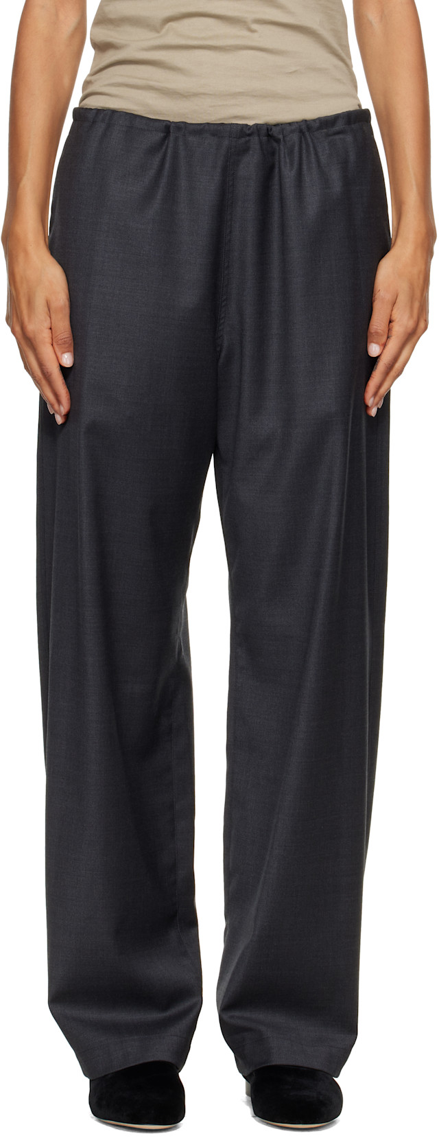 パンツ ssstein Wool Silk Drawstring Easy Pants ssstein: Gray Wool Silk Drawstring Easy Trousers | SSENSE