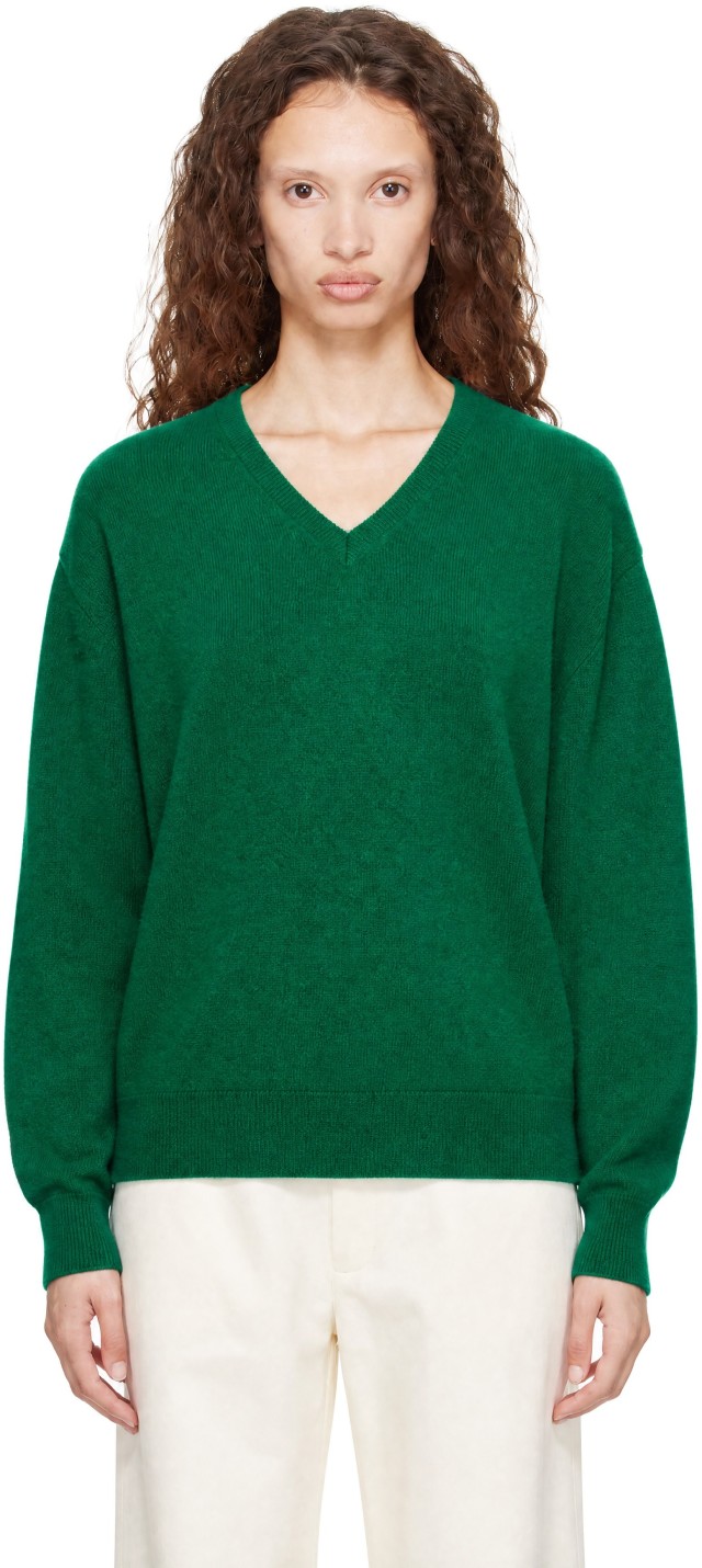 ssstein: Green Pure Cashmere Knit V-Neck Sweater | SSENSE