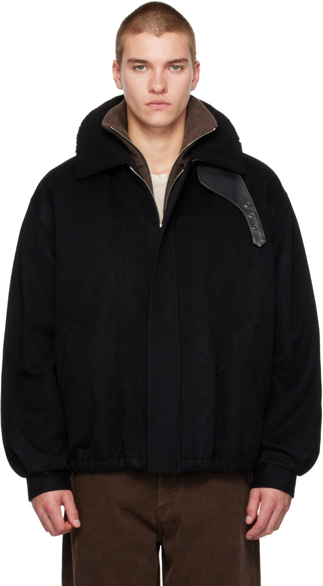 ssstein: Black Mouton Collar Wool Cashmere Padded Jacket | SSENSE