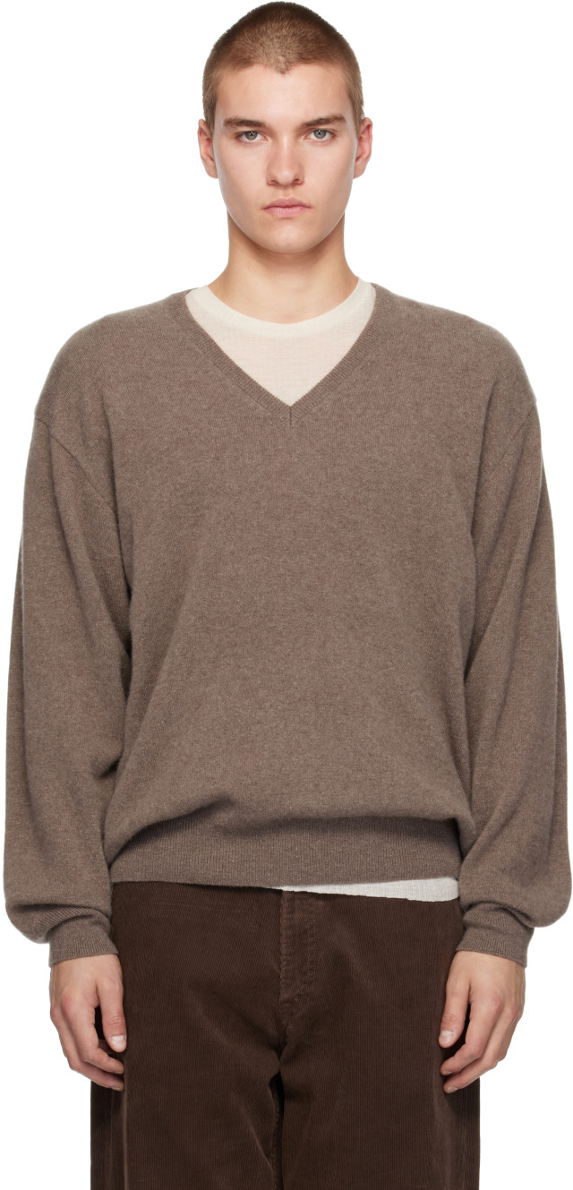 ssstein: Taupe Pure Cashmere V-Neck Sweater | SSENSE