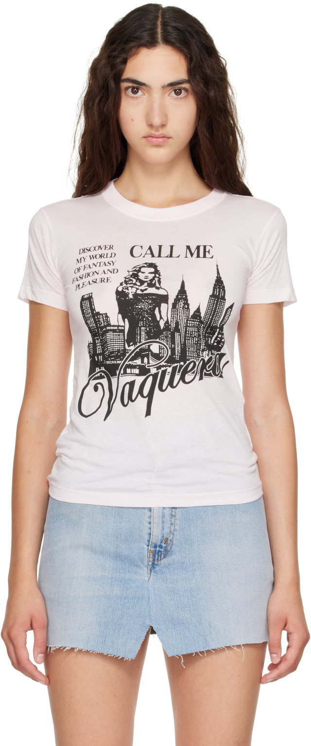 トップス Vaquera Dollar print mesh t-shirt VAQUERA: Pink 'Call Me' T-shirt | SSENSE