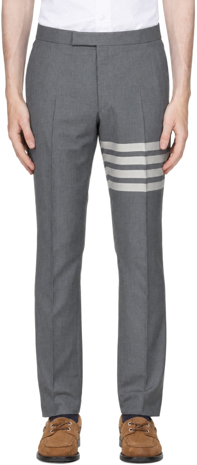 Thom Browne: Gray Plain Weave 4-Bar Backstrap Trousers | SSENSE