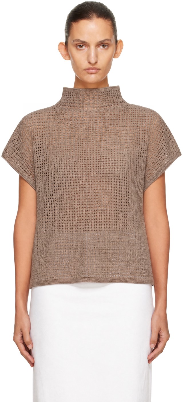 PLEATS PLEASE ISSEY MIYAKE: Taupe Dot Knit Top | SSENSE Canada